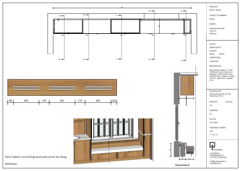 Detail ontluchting radiator achter bank atelierkast